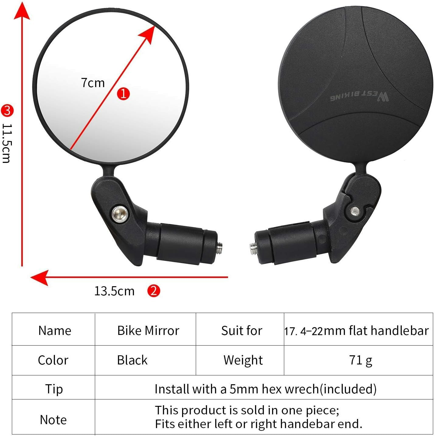 WESTGIRL Bike Mirror Bar End, HD Convex 360°