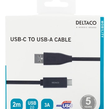DELTACO USB-C till USB-A kabel, 2m, 3A, USB 2.0, svart