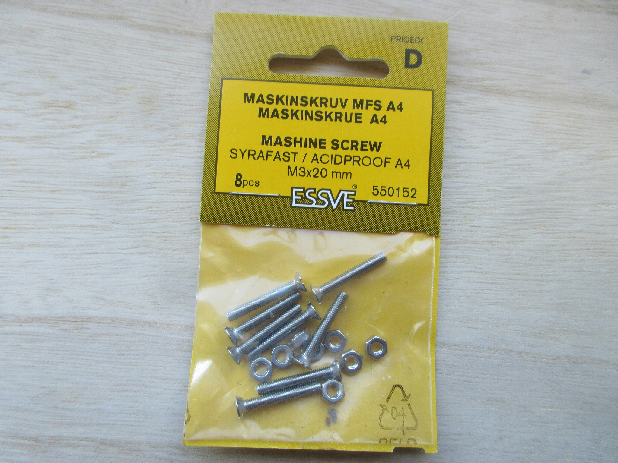 ESSVE Maskinskruv MFS A4 Syrafast M3x20 mm. 8 st.