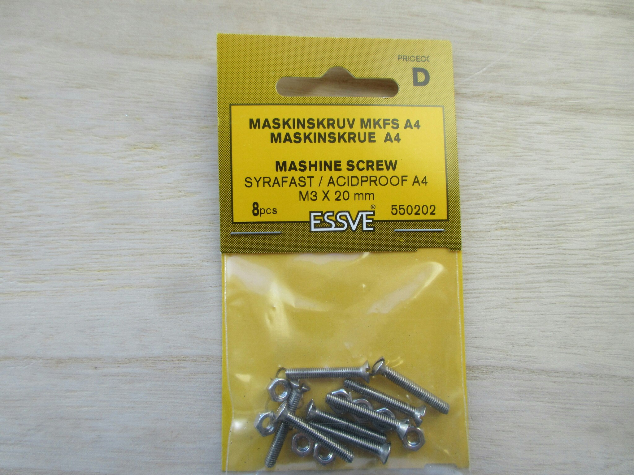 ESSVE Maskinskruv MKFS A4 Syrafast M3x20 mm. 8 st.