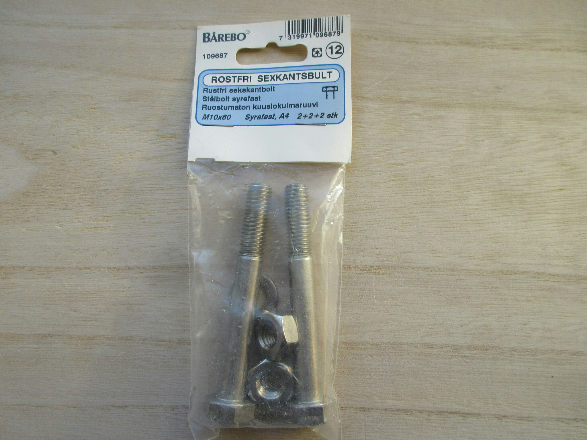 Bårebo Bult M6S Rostfri M10x80 mm. 2 st.