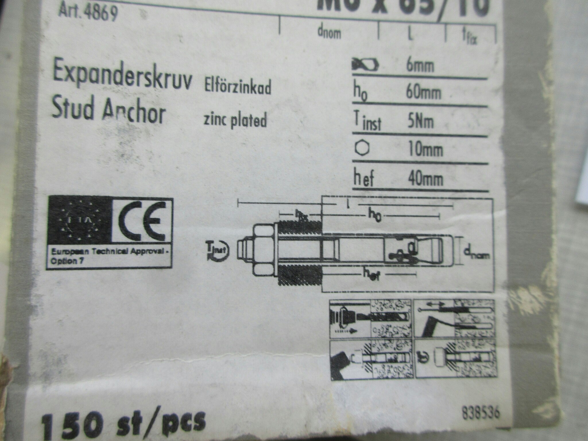 Gunnebo Expanderskruv M6x65/10