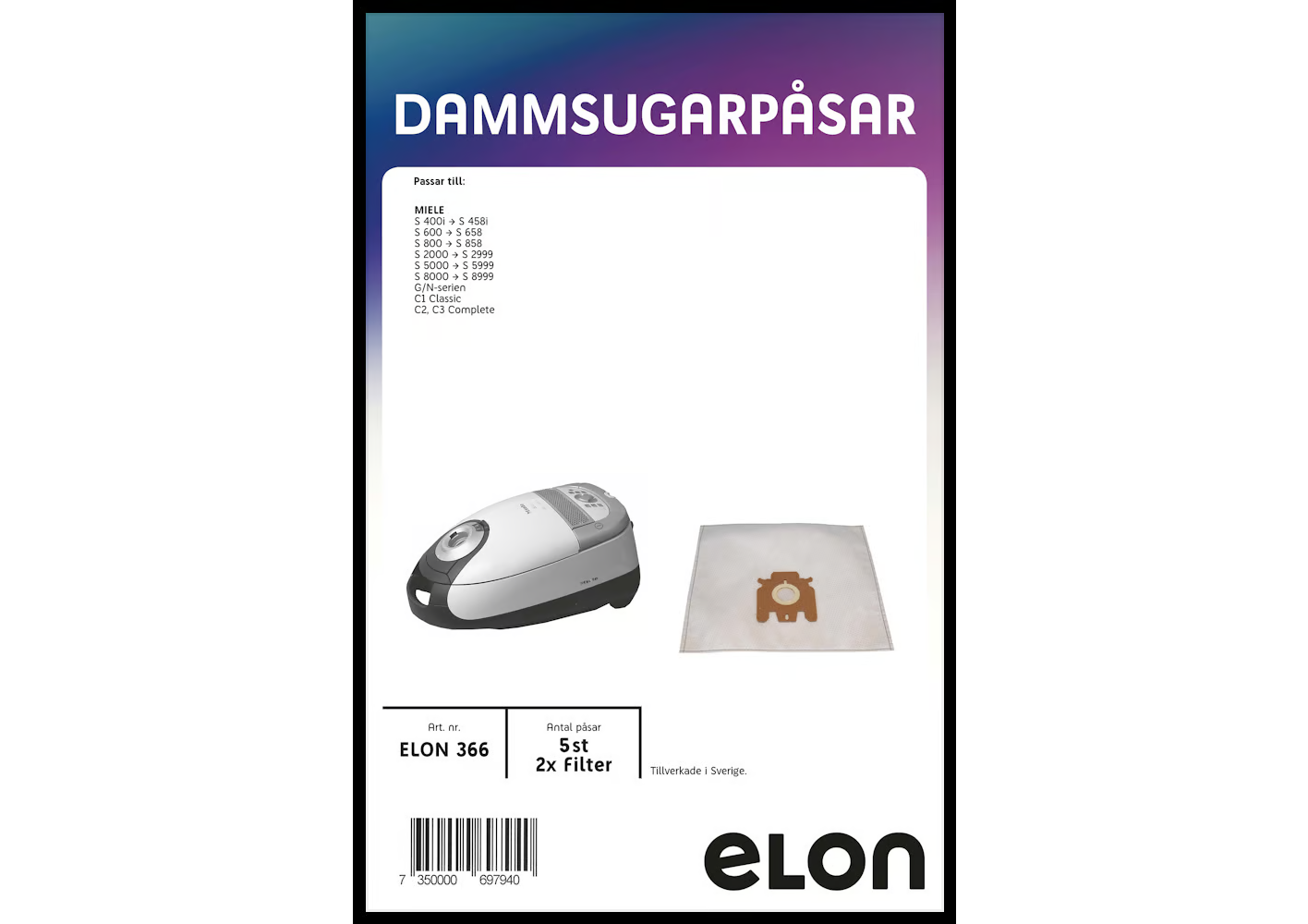 Dammsugarpåsar ELON366 Miele S 5000- S 5999. 5 st