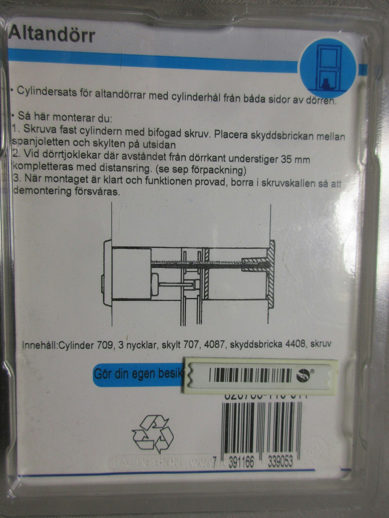 Assa Abloy Cylindersats 709/4087. 3 nycklar Blankkrom