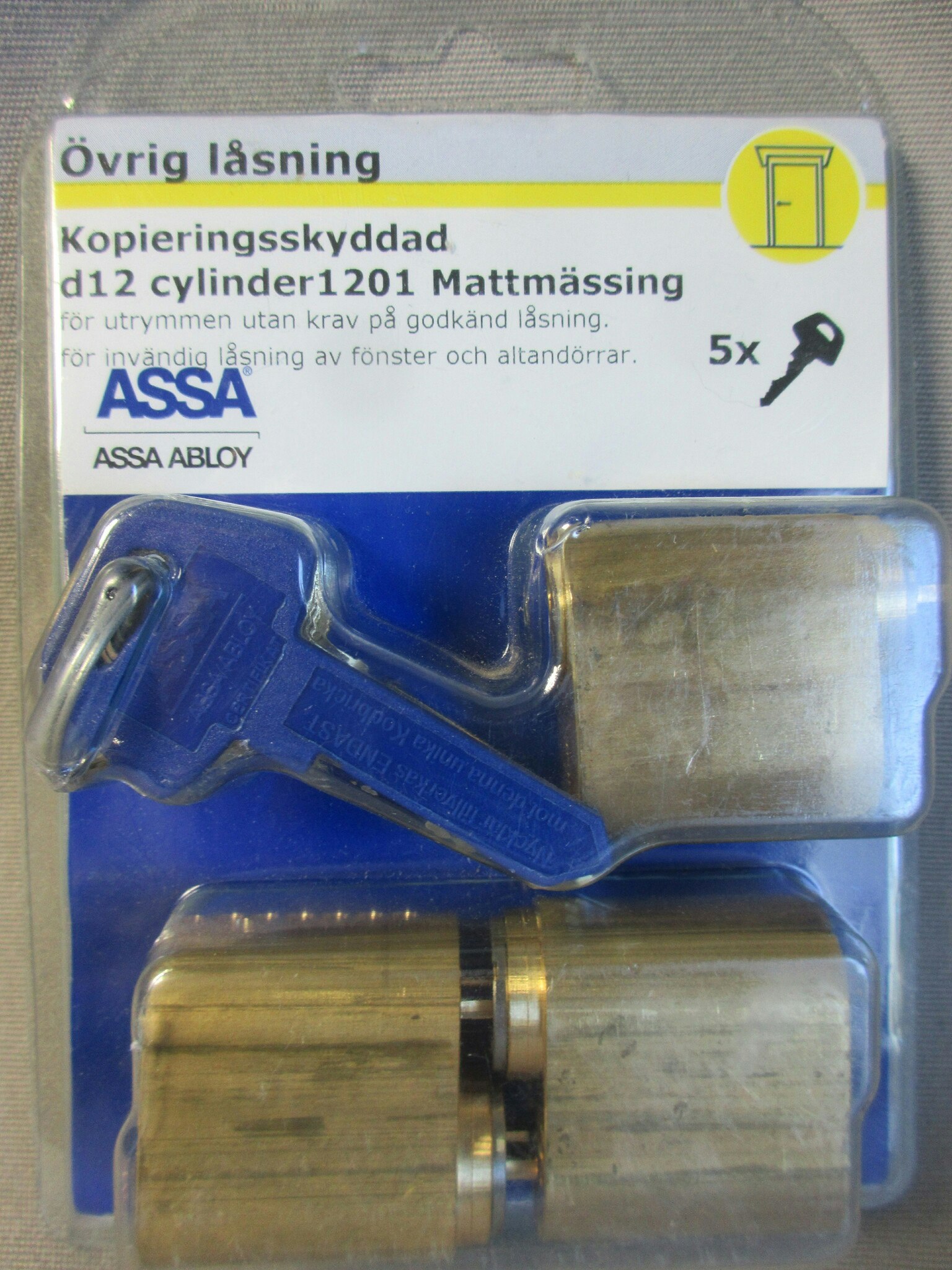 Assa Abloy Cylinder d12 1201 LL3 mattmässing 5 nycklar