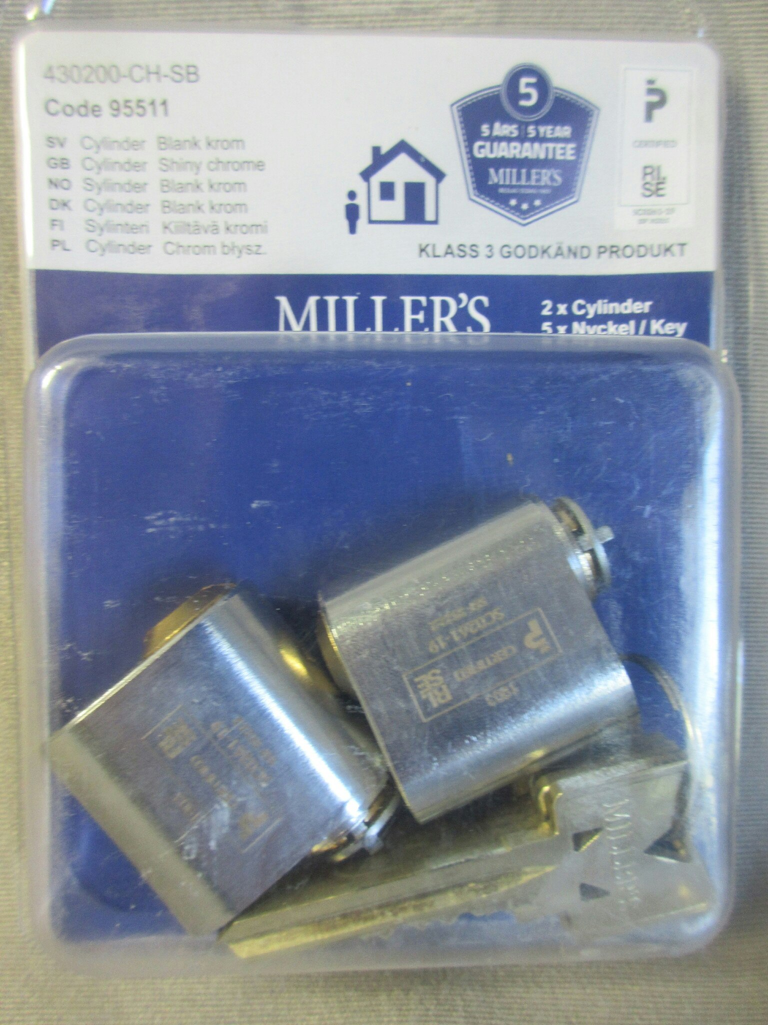 Millers Cylinder 2 st. Blank krom. 5 Nyc.