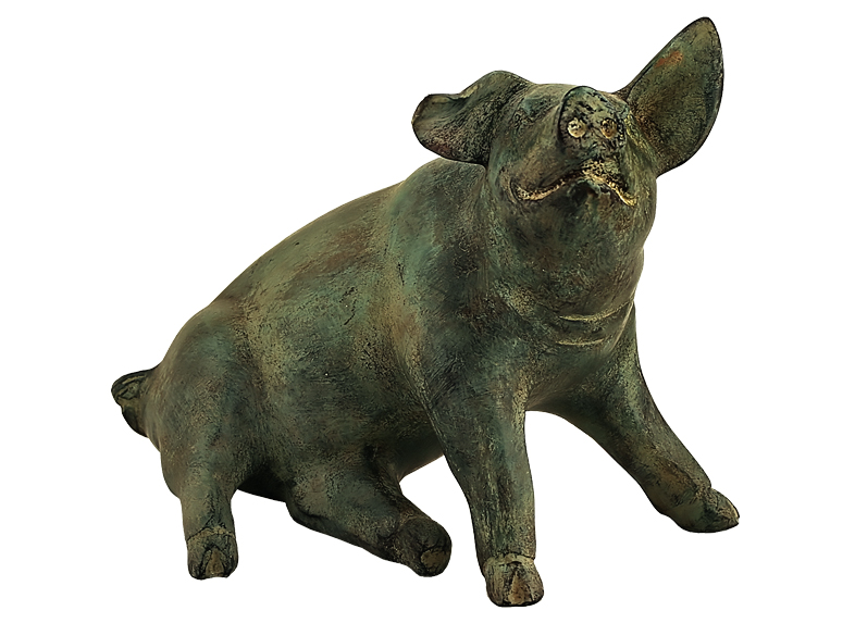 Pig in bronze, sitting, 30 cm, green patinated