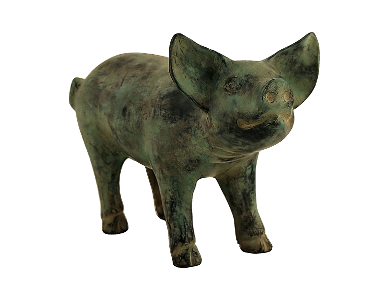Pig in bronze, standing, 30 cm, green patinated