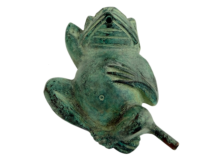 Fontän, groda, i brons, 26 cm, liggande på rygg, grön