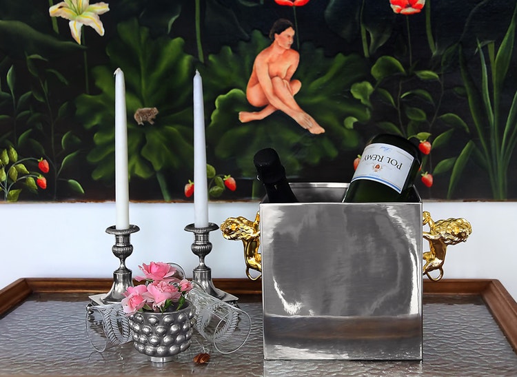 Champagne and wine cooler in pewter with gilded lions, design Fredrik Stromblad