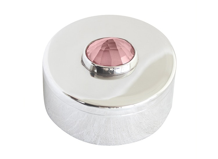 Box in pewter with pink stone on the lid, round 3 x 7 cm
