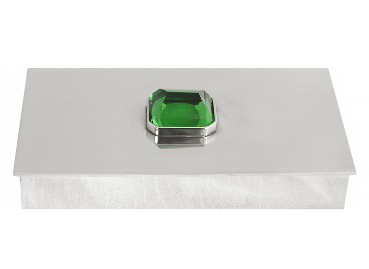 Box in pewter with large green stone on the lid, rectangular