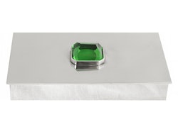 Skrin i tenn med stor grön sten på locket, rektangulär, från Munka Tenn