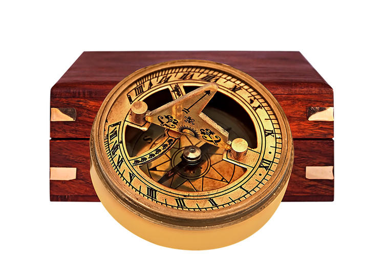 Compass and sundial in wooden box
