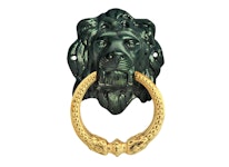 Door flap in the shape of a lion head, larger, in aluminum and brass, patinated