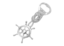 Bottle opener in shape of a steering wheel with rope in nickel-plated brass