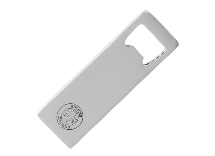Bottle opener in nickel-plated brass with Gusums Messing logo