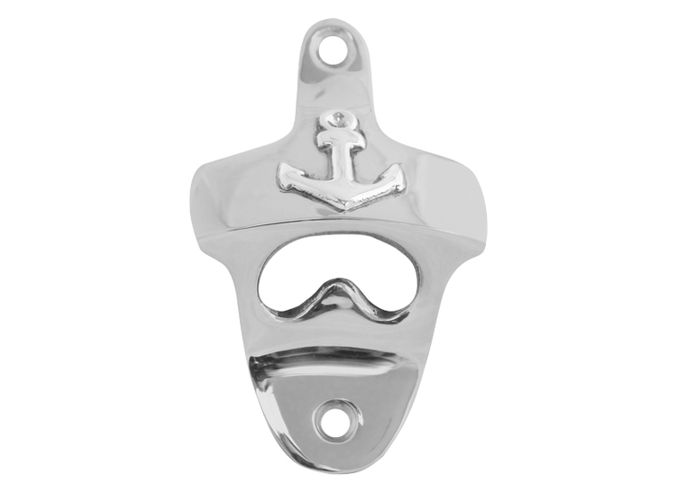 Bottle opener with anchor is mounted on the wall in nickel-plated brass