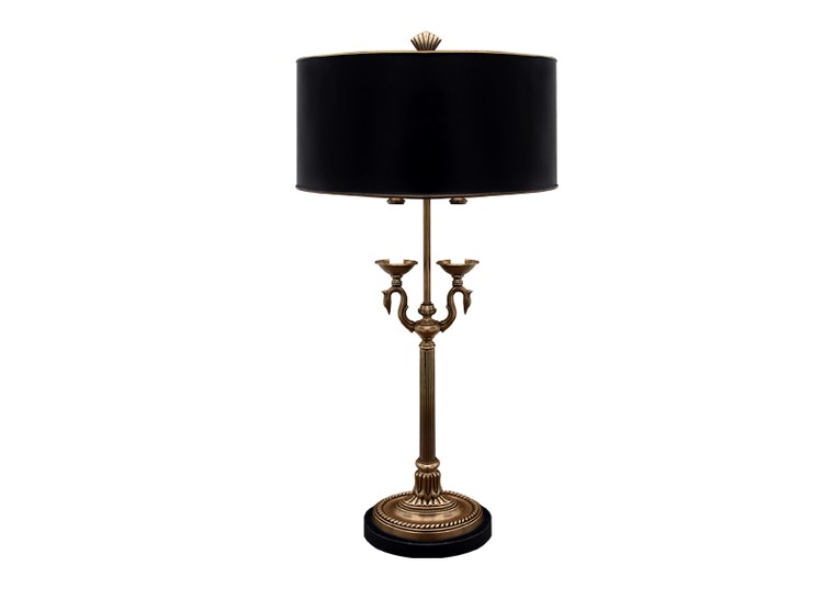 Lamp with swans, black shade, 84 cm, all in brass
