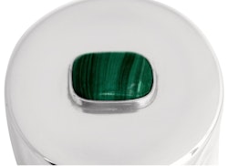Box in pewter, with stone in malachite on the lid, round 5 x 6 cm, design Fredrik Strömblad