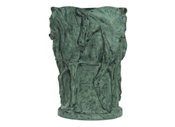 Urn, 27 cm, horses in green patina in aluminum