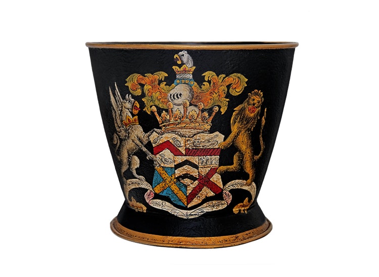 Flowerpot in hand-painted, in sheet metal, with coat of arms