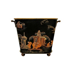 Hand-painted pot or trash can on silk, glued to sheet metal