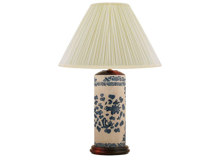 Porcelain lamp base, 30 cm in pen model with blue fish and crackled gray-white background