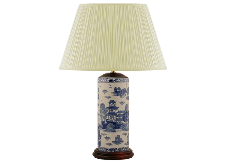 Lampensockel aus Porzellan, 30 cm im Stiftmodell, blau und weiß, Weidenmuster