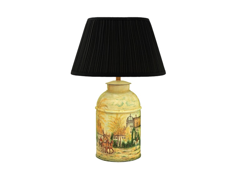 Lampe, rund, 46 cm, handbemalt, englisches Dorfmotiv, aus Blech