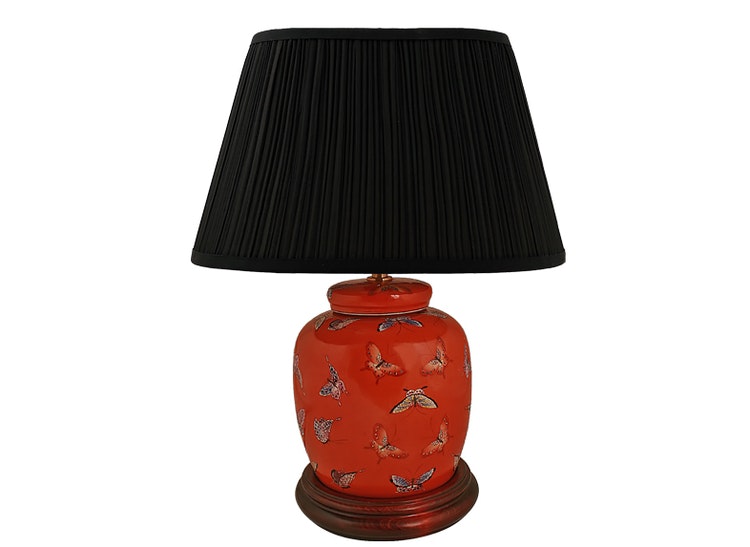 Porcelain lamp base, 22.5 cm, butterflies on coral red background