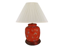 Porcelain lamp base, 22.5 cm, butterflies on coral red background