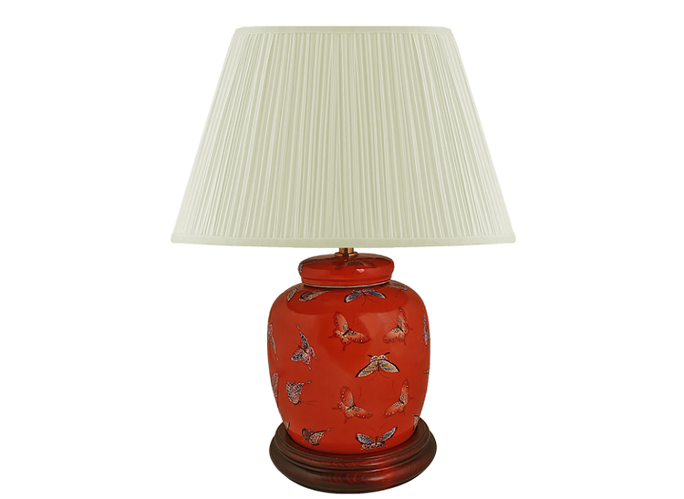 Porcelain lamp base, 22.5 cm, butterflies on coral red background
