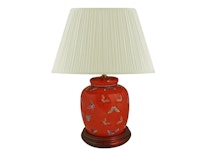 Porcelain lamp base, 22.5 cm, butterflies on coral red background