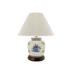 Lampenfuß aus Porzellan, 17,5 cm, blaues Schiff, auf weißem Boden