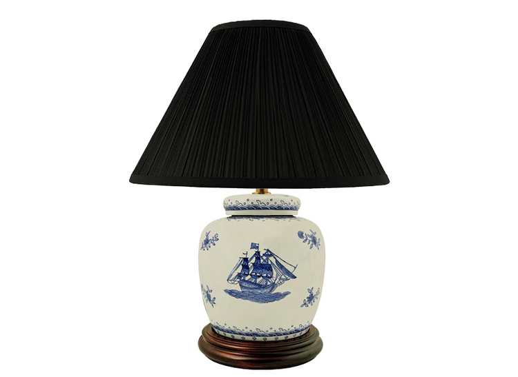 Porcelain lamp base, 17.5 cm, blue ship, on white background