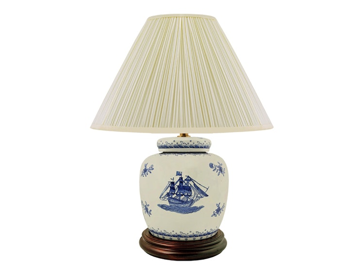 Porcelain lamp base, 17.5 cm, blue ship, on white background