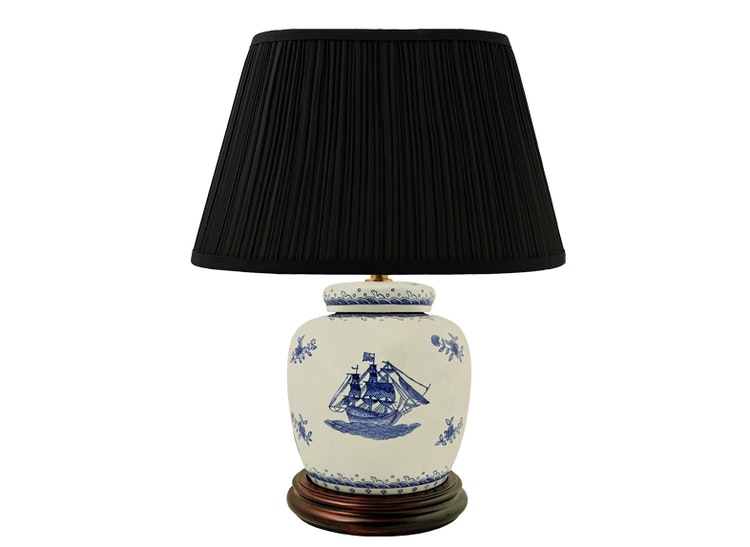 Porcelain lamp base, 17.5 cm, blue ship, on white background - Mr Fredrik