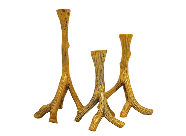 Three candlesticks as tree branches, in gold color, 21 cm, 28 cm, 34 cm