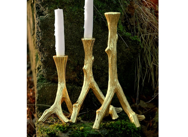 Three candlesticks as tree branches, in gold color, 21 cm, 28 cm, 34 cm