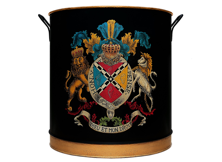 Large wood pot, hand-painted sheet metal, English coat of arms