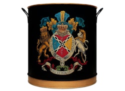 Großer Holztopf, handbemaltes Blech, englisches Wappen