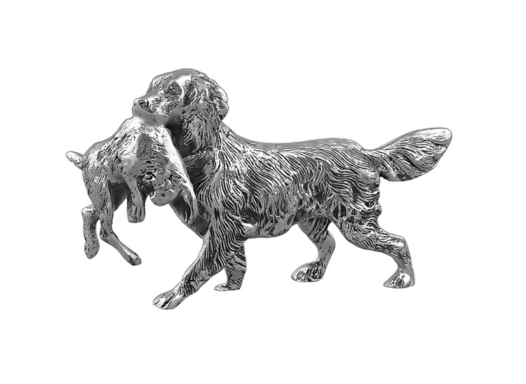 Hund mit Hase, 12 cm aus versilbertem Messing