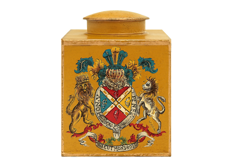 Tea caddy with lid in hand-painted sheet metal in yellow, with ciat of arms