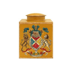 Tea caddy with lid in hand-painted sheet metal in yellow, with ciat of arms