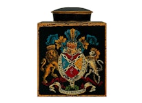 Tea caddy with lid, in hand-painted sheet metal, dark bluewith coat of arms
