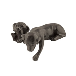 Hund, 16 cm, liggande över kant, brun, i brons