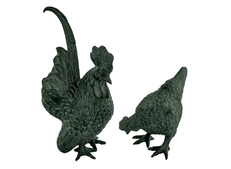 Hen + rooster, 19 cm, pair, antique green bronze