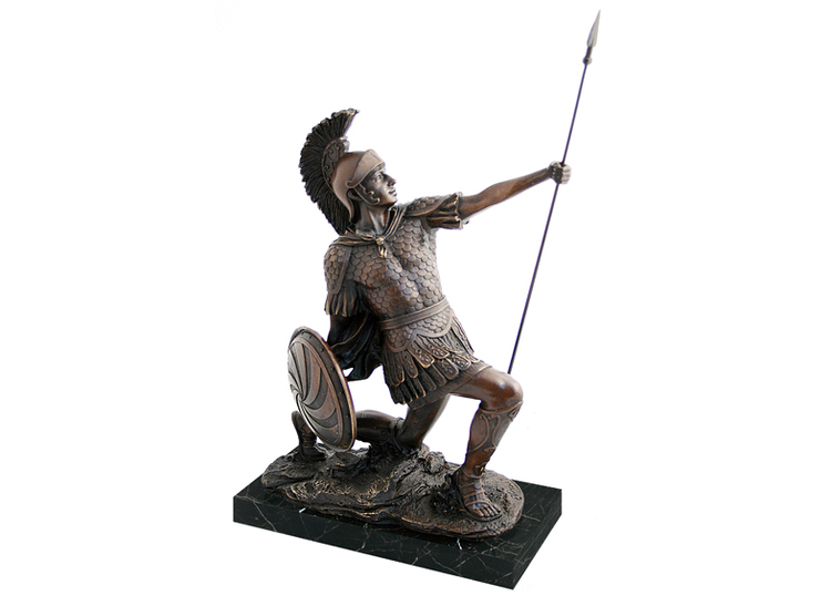 Roman soldier in bronze, 40 cm, with spear on marble base, kneeling, copy by E. Drouot