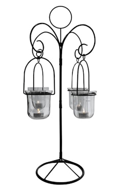 Hanging four lanterns in table stand, made of wrought iron with glass